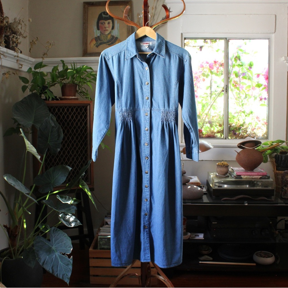 80s Vintage FADS Denim Button Front Shirt Dress, L/XL